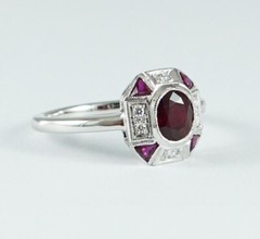 Art Deco Style Oval Ruby & Lab Created Diamond Engagement 14K White Gold FN Ring