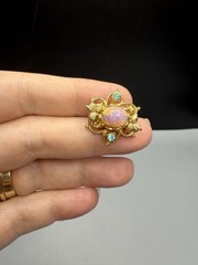 Coro Pin Faux Pink Fire Opal Aqua Rhinestone Gold Plated Mid century Vintage .9”