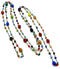 Vintage Venetian Lampwork Glass Bead Necklace Multicolor Swirl Long Boho 56″