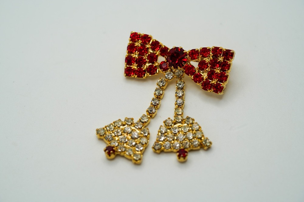 Vintage Red Rhinestone Bow Tassel Moveable Brooch 4cm JB39