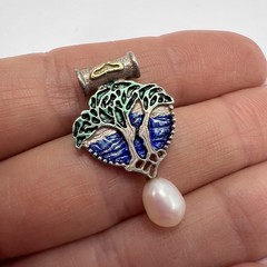 Vintage Sterling Silver 925 Enamel Tree of Life Pendant with Natural Pearl 3g