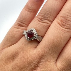 14K White Gold Pink Red Tourmaline Square Checkerboard Cut Diamond Ring Size 7
