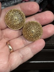 Vintage Germany Gold Foil Domed Round Screw Back Earrings Open Lattice Work