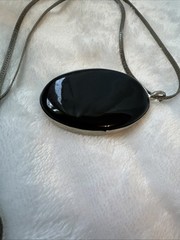VTG Onyx glass black & silver herringbone chain 90s witchy goth amulet pendant