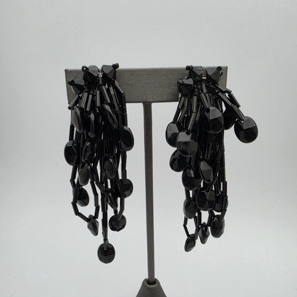 Vtg Black Bead Cha Cha Dangle Clip On Shoulder Duster Earrings Statement 3.25″
