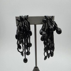 Vtg Black Bead Cha Cha Dangle Clip On Shoulder Duster Earrings Statement 3.25″