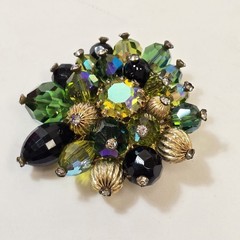 Vintage Vendome Brooch Hreen AB Black Crystal Gold Beads Rhinestones