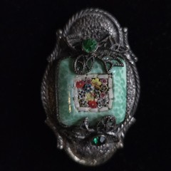 Antique Silver Tone Millefiori Micromosaic Brooch Pin Green Rhinestones Art Deco
