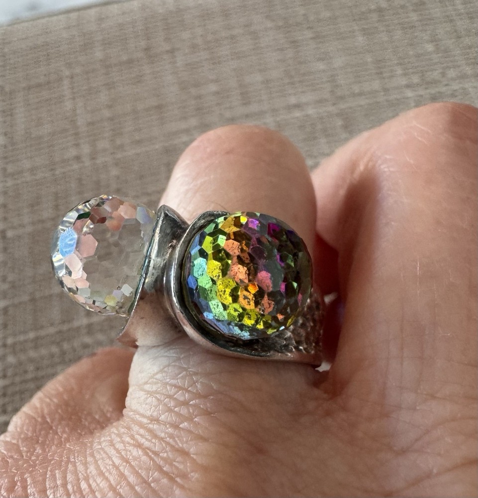 Double Crystal Ball & 925 Silver Ring – Rare One of a Kind Rainbow Multicolor