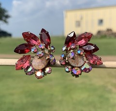 Vintage Pink Lava Glass Cabochon Red Pink and AB Rhinestone Clip On Earrings