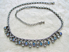 Vintage Necklace Unusual Heart Link Chain AB Rhinestones Glass Moonstone Dangles