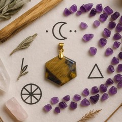 Tiger Eye Hexagon Pendant Necklace: Natural Healing Crystal Gemstone