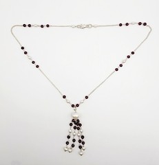 Vintage Sterling Silver 10mm Pearl Rhodolite Garnet Beaded Tassel Necklace 19″