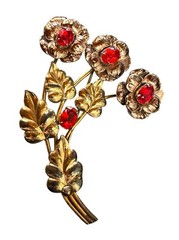 VINTAGE 12 KT GF on STERLING SILVER VERMEIL RED RHINESTONES FLOWER BROOCH 1940s