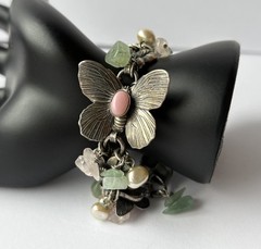 Mary DeMarco Bracelet Butterfly Opaline Glass Rhinestone Vintage Silver Tone Y2K