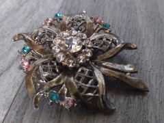 Floral Rhinestone Brooch 2.5in Vintage Pink Blue Clear Gold Tone Flower