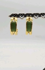 Crown Trifari Hoop Earrings Green inlay Gold tone cut out design Vintage .75 in