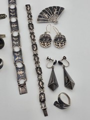 Rare Antique 1940s Siam Sterling Silver Niello Jewelry His And Hers Complete Set