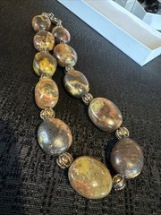 Chunky Jasper Bead Necklace Natural Oval Stones with Silver Tone Spacers 18”