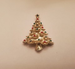 Vintage Holiday Brooch Features Tiered Gold-Tone Branches Decorated With Red And