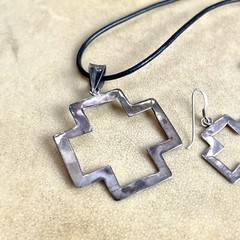 Maltese Cross Necklace & Earring Set on Black Leather Cord, 925 Sterling Silver