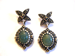 😍 VTG GREEN NEPHRITE JADE MARKASITE STERLING SILVER EARRINGS PIERCED NTD 3PT8