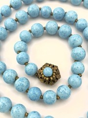 Vintage Miriam Haskell Turquoise Glass Bead Necklace Filigree Signed 24 in 9 mm