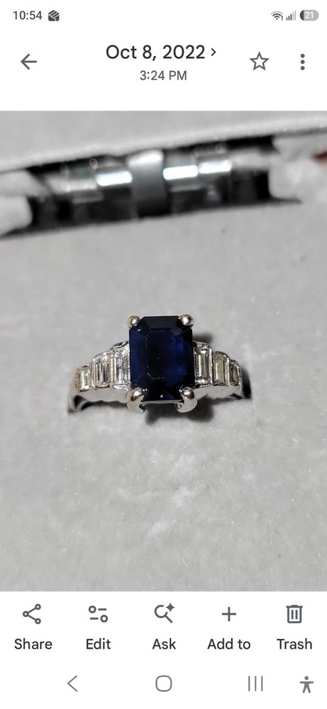 Vintage 18K White Gold Art Deco Sapphire Ring Emerald Cut Baguette Diamond Sz 6