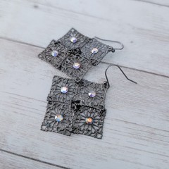 Vintage Dangle Earrings For Pierced Ears Dark Metal with Iridescent Gems