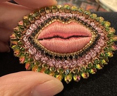 Celeste Mogador/ Bisou Vole/Stolen kiss brooch/French pin/Silk hand embroidered