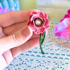 Vintage Pink Enamel Rose Brooch Faux Pearl Floral Pin Mid Century Cottagecore