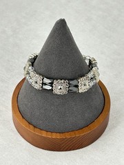 Silver Tone Stretch Bracelet Hematite Faceted Clear Crystal Bead Sparkle