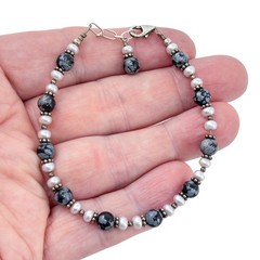 Vintage Sterling Silver 925 Snowflake Obsidian Pearl Beaded Bracelet 7.5″-8.25″