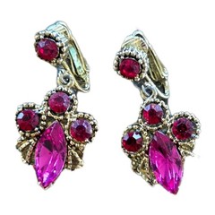 1960s Red Pink Fuchsia Rhinestone Dangle Earrings Vintage Retro Jewelry