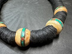 Vintage Nepal Yak Bone Bead Necklace with Turquoise Coral Inlay, Handmade Triba