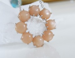 New Sterling Silver 925 Peach Moonstone Halo Round Pendant Necklace