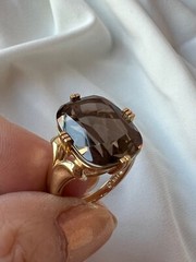 14K YELLOW GOLD LARGE SMOKY QUARTZ RING BEAUTIFUL RICH CHOCOLATE BROWN COLOR