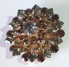 Vintage Gold-tone Layered Brooch w/ Smoky Topaz- & Gray-Green Colored Rhinestone