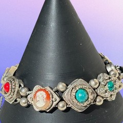 Vintage Victorian Revival Slide Bracelet Silver Tone Cameo Charm Safety Chain