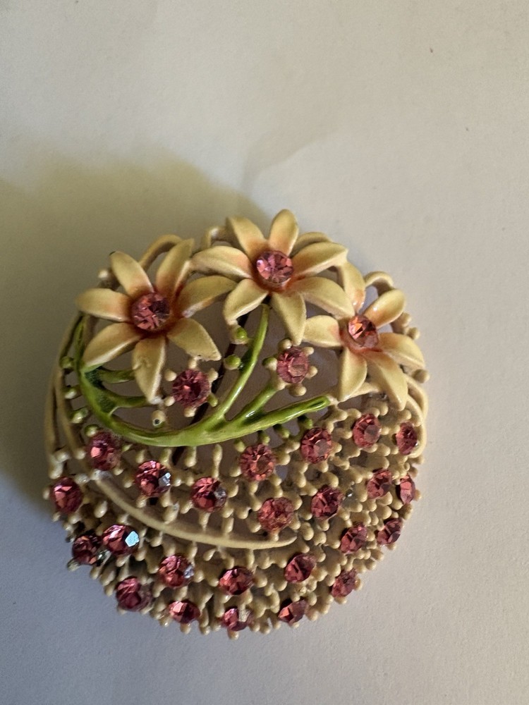 GORGEOUS VINTAGE PINK ENAMEL FLOWER BASKET BROOCH W/ PNK RHINESTONES
