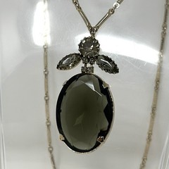 Vintage Silver Tone Faceted Smoky Gray Oval Austrian Crystal Pendant Chain 23”
