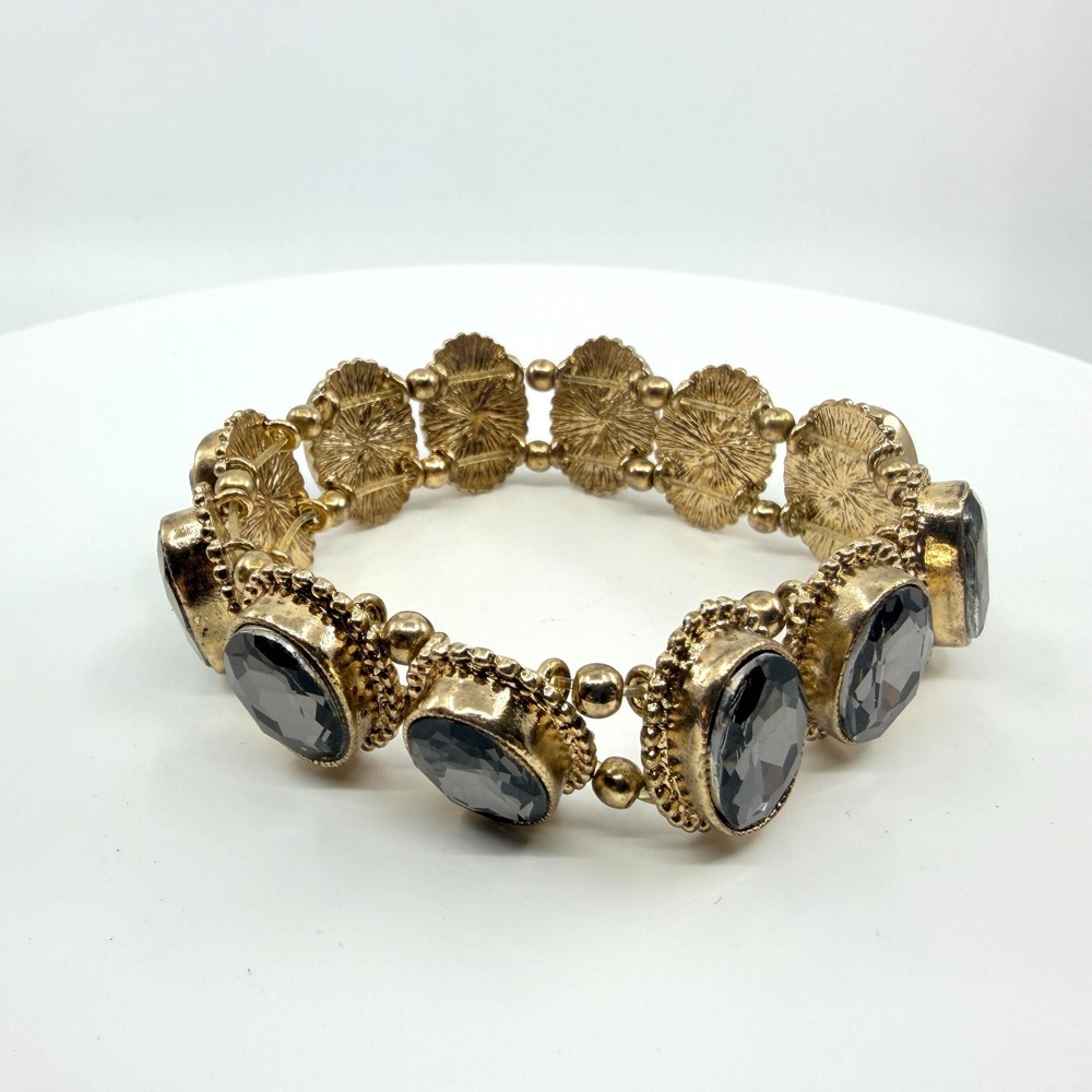 VTG Antique Gold Tone Smoky Gray Crystal Oval Panel Link Stretch Bracelet Boho