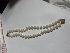 Woman’s Double Strand Pearl Bracelet Measuring 7 Inches Square Clasp Looks Gold