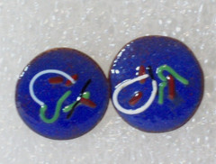 Blue Red Enamel Copper Earrings Round Mid Century Modern Circle MCM Retro Vtg