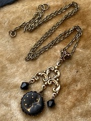 Vintage Art Nouveau Necklace Black Moon Cabochon Chandelier Pendant Czech Glass