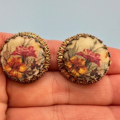 Vintage West Germany Earrings Sugared Florals Gold Tone Filigree Round Clip On