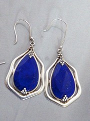 VINTAGE STERLING SILVER DROP DANGLE FACETED LAPIS LAZULI EARRINGS 2″
