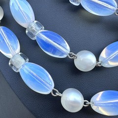 Vintage Opaline Glass Moon Glow Opera Necklace 56” Layering Statement Opalite