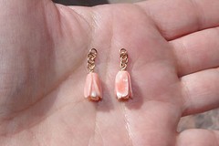 ANTIQUE 14K GOLD ANGEL SKIN CORAL CARVED ROSE STUD DROP EARRINGS Made To Order