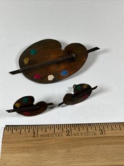 VINTAGE COPPER BROOCH & CLIP EARRINGS ARTIST PALETTE PAINT BRUSHES NICE